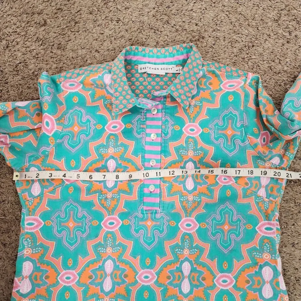 Gretchen Scott Bright Mixed Print Partial Button Front 3/4 Sleeve Popover Top L - Picture 7 of 9